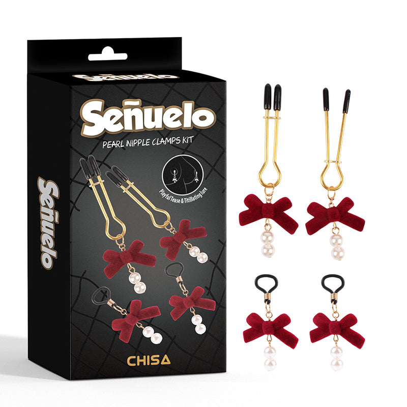 CHISA - Pearl Nipple Clamps Kit 紅蝴蝶結珍珠吊墜乳頭夾