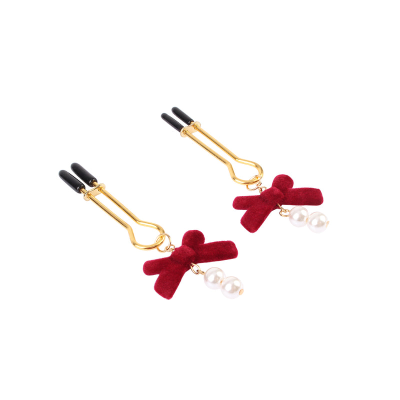 CHISA - Pearl Nipple Clamps Kit 紅蝴蝶結珍珠吊墜乳頭夾